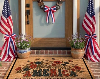 Patriotic Floral Doormat, America 250 Years of Freedom Welcome Mat, 4th of July Door Mat, Vintage USA 1776 2026 Porch Decor