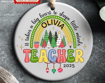 Custom Rainbow Teacher Christmas Ornament, Personalized Teacher Ornament, Teacher Gift, Teacher Appreciation Gift, Teacher Keepsake Gift