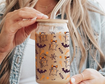Tasse d'Halloween en verre à café fantôme, verre à café glacé pour Halloween, verre d'automne, fantôme mignon d'Halloween, cadeaux d'Halloween Gobelet à café, cadeaux d'automne