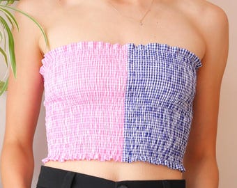 Shirred patchwork tube top 100 % cotton pink and blue gingham, strapless : Made by hand in France and sewn to order with love and care