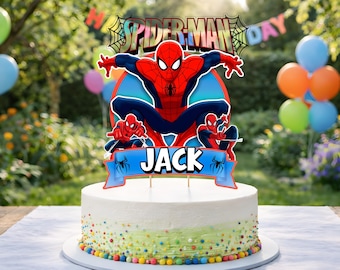 Adorno personalizado para pastel de Spiderman con nombre personalizado para fiesta de cumpleaños de niño