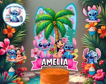 Set de decoración para fiesta de cumpleaños de Stitch, adorno personalizado para pastel con nombre, adornos para cupcakes de Stitch
