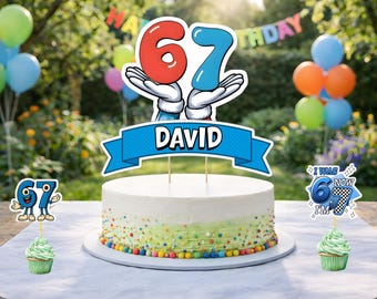 Adorno para pastel con temática del 67, nombre personalizado, artículos para fiestas del 6 y 7