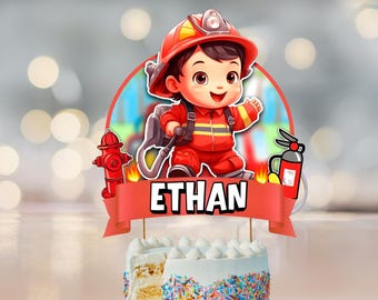 Adorno para pastel de cumpleaños de bombero / Decoración para fiesta de camión de bomberos / PNG imprimible, nombre y edad personalizados