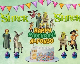 Adorno para pastel de cumpleaños de Shrek / Decoración para fiesta de ogros / PNG imprimible, nombre y edad personalizados