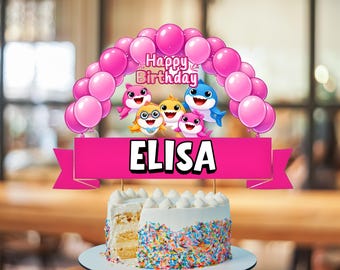 Adorno para pastel de Baby Shark personalizado con nombre para niña, diseño imprimible para pastel de cumpleaños