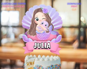 Adorno para pastel de sirena, nombre personalizado, cumpleaños de niña, fiesta temática del océano.