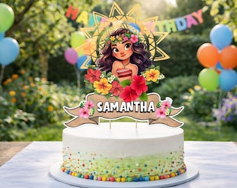 Adorno para tarta de cumpleaños de Moana, decoración tropical personalizada para fiestas (descarga digital)