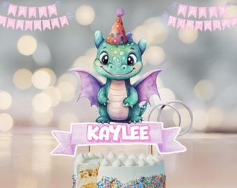 Adorno para tarta de dragón bebé en tonos pastel, decoración de cumpleaños personalizada con nombre (descarga digital)