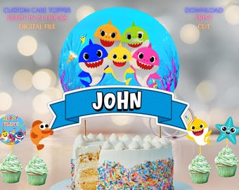 Adorno para tarta de tiburón personalizado con nombre y edad, diseño imprimible para cumpleaños.