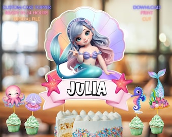 Adorno para pastel de sirena, personalizado con nombre y edad para fiesta de cumpleaños de niña con temática marina y oceánica.