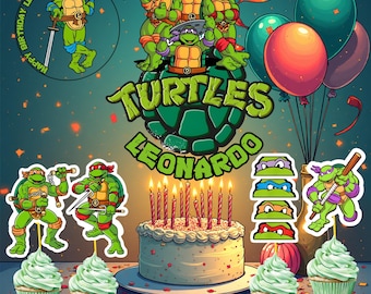 Adorno para tarta de cumpleaños de las Tortugas Ninja, cupcake de tortuga editable e imprimible