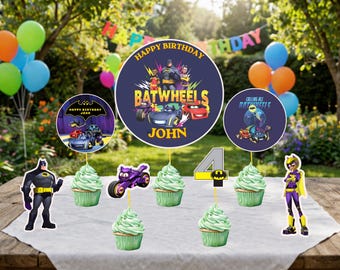 Adorno para cupcakes Batwheels / Decoración para fiesta de cumpleaños de coche de superhéroe / PNG imprimible, nombre y edad personalizados