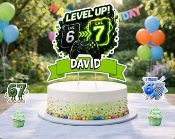 Adorno para pastel de cumpleaños de 6 a 7 años, decoración para fiesta gamer, temática "Level Up", descarga digital.