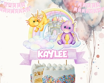 Adorno personalizado para tarta de bebé dragón: Decoración personalizada para cumpleaños de niña (descarga digital)