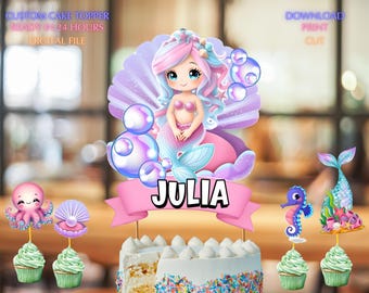 Adorno para pastel de sirena, nombre personalizado, decoración para fiesta de cumpleaños de niña bajo el mar