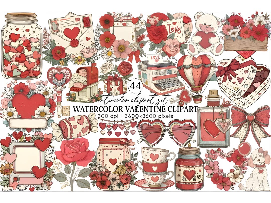 Watercolor Valentine Clipart PNG Bundle 44, Hearts Love Romance Set - Etsy