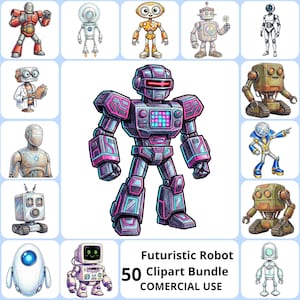 Futuristic Robot Clipart PNG Bundle, Cute AI Character Graphics, Retro Sci-Fi Bot Art, Tech Machine Illustrations, Cartoon Android Decor