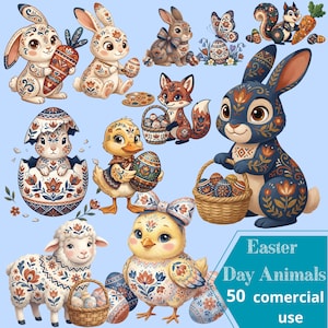 Puede incluir: Ilustración digital con temática de Pascua que presenta animales decorados con patrones florales. Incluye conejos, un zorro, un patito, un cordero, un pollito y una ardilla, sosteniendo huevos o cestas de Pascua. El texto "Easter Day Animals 50 comercial use" está presente.