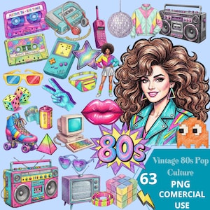 May include: A collection of colorful 1980s pop culture illustrations, including a boombox, cassette tapes, roller skates, a woman's portrait, and the text "80s". The image has a light blue background and includes the text "Vintage 80s Pop Culture 63 PNG COMERCIAL USE".