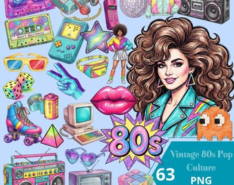 May include: A vibrant illustration featuring 1980s pop culture icons such as a boombox, cassette tapes, roller skates, and a woman's portrait. The image includes the text "80s" and "Vintage 80s Pop Culture 63 PNG COMERCIAL USE" on a light blue background.