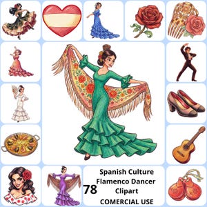 Puede incluir: Colección de ilustraciones con elementos de la cultura española. Incluye bailarinas de flamenco con vestidos coloridos, un corazón con diseño de bandera española, rosas, una guitarra, castañuelas y una paella. Texto: Cultura española, Bailarina de flamenco, Clipart, Uso comercial.