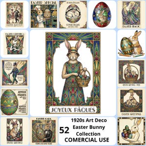 Puede incluir: Una colección de ilustraciones de Pascua Art Déco de la década de 1920. Las imágenes presentan conejos, huevos decorados y tipografía vintage. La paleta de colores incluye verdes, azules y dorados, con el texto "JOYEUX PÂQUES" y "EASTER GREETINGS".