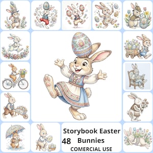 Puede incluir: Colección de ilustraciones en acuarela con conejitos de Pascua en varias poses. La imagen central muestra un conejo equilibrando un huevo decorado sobre su cabeza. El texto "Storybook Easter 48 Bunnies COMMERCIAL USE" se muestra en la parte inferior.