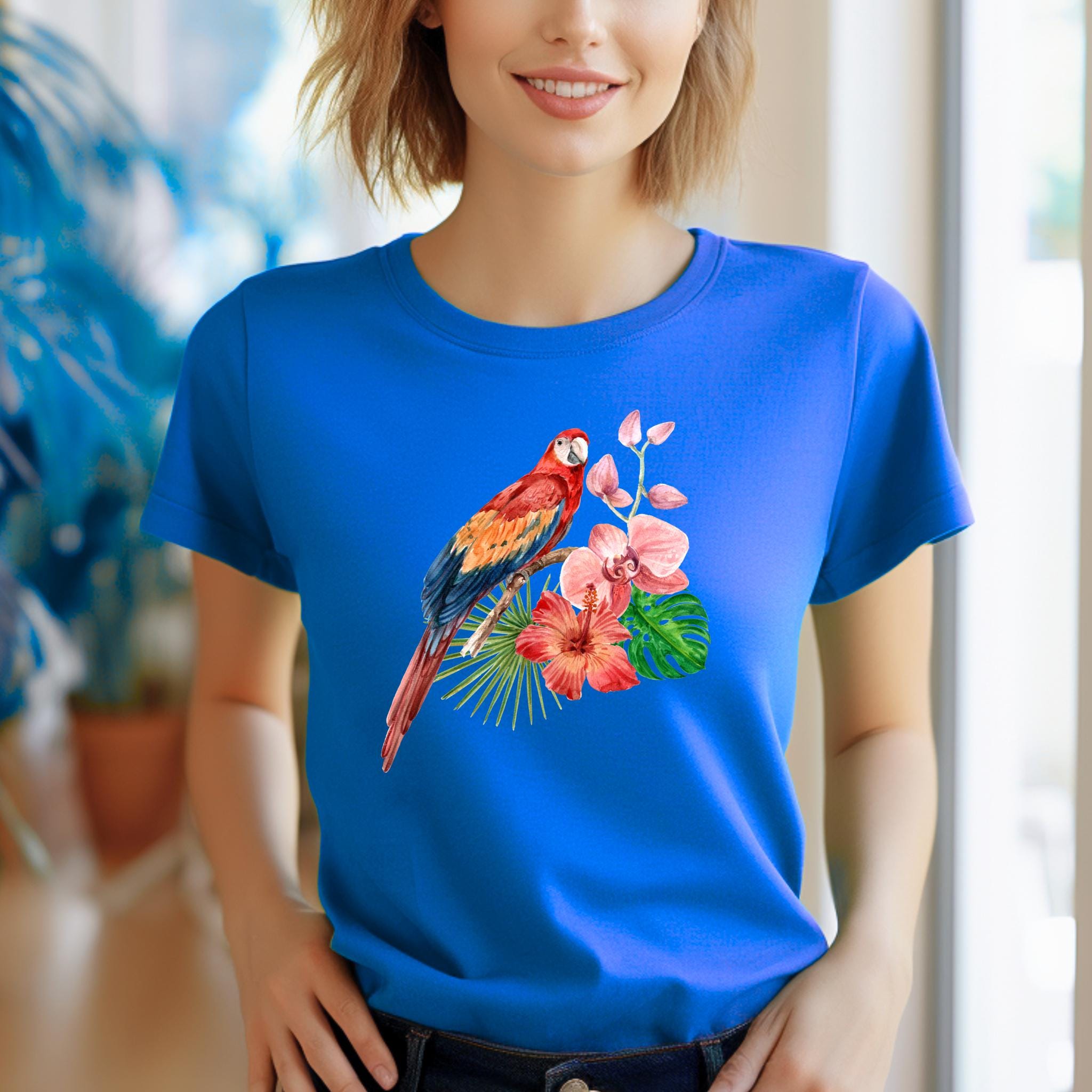 トロピカルバードTシャツ、トロピカルフラワーTシャツ、誕生日 