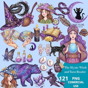Puede incluir: Ilustración digital con temática mística. Incluye un sombrero de bruja, cartas del tarot, un gato negro, un oso con un patrón de estrellas, botellas de pociones y una mujer con una bola de cristal. El texto dice "The Mystic Witch and Tarot Reader".