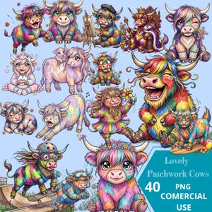 Puede incluir: Una colección de 40 vacas escocesas de estilo caricatura, coloridas y en diversas poses y atuendos. Las vacas tienen pelaje de colores del arcoíris y están involucradas en actividades como pintar, usar coronas y andar en monopatín. El texto en la imagen dice "Lovely Patchwork Cows" y "PNG COMERCIAL USE."