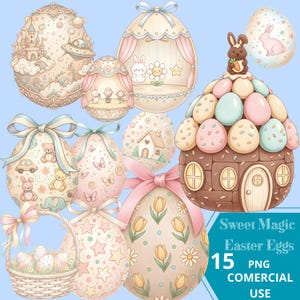 Puede incluir: Ilustraciones de huevos de Pascua caprichosas en colores pastel. Los huevos presentan varios diseños, incluyendo un castillo, un OVNI, conejitos y patrones florales. También se incluye una cesta de huevos y un huevo con forma de casa de chocolate. El texto dice "Sweet Magic Easter Eggs 15 PNG COMERCIAL USE."