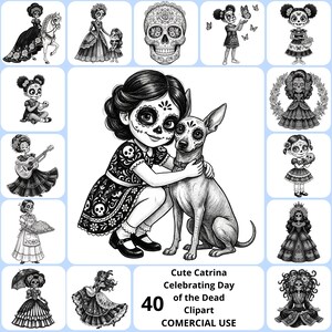Könnte beinhalten: Schwarz-Weiß-Illustrationen von Catrina-Figuren und einem Schädel, die den Tag der Toten feiern. Das zentrale Bild zeigt ein Mädchen mit Catrina-Make-up, das einen Hund umarmt. Der Text lautet "Cute Catrina Celebrating Day of the Dead Clipart Commercial Use."