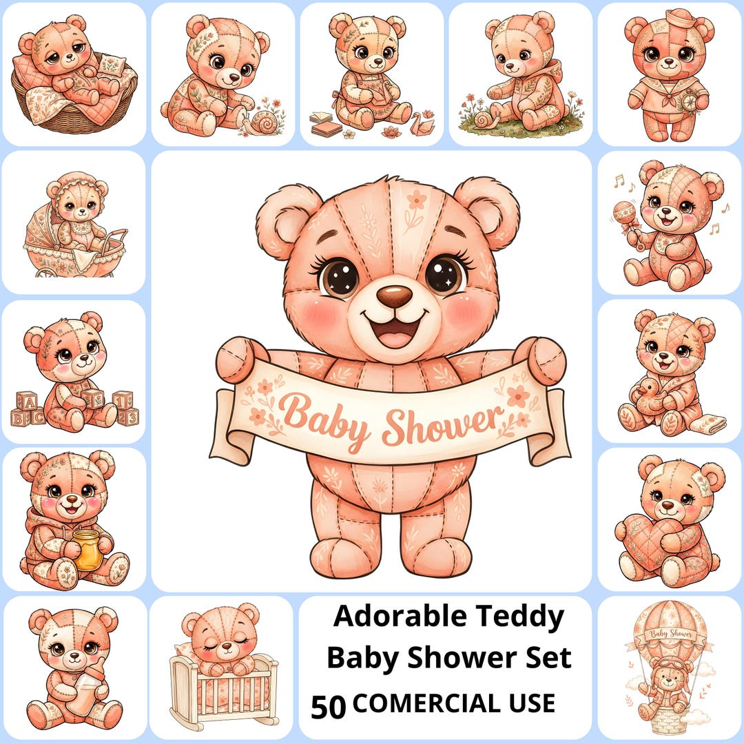 Adorable Teddy Baby Shower Clipart PNG Bundle, Cute Patchwork Bear ...