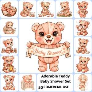 Puede incluir: Conjunto de ilustraciones de adorables ositos de peluche en varias poses, con un oso central sosteniendo una pancarta que dice "Baby Shower". Los osos son principalmente rosas y beige, con costuras detalladas y expresiones dulces. También está presente el texto "Adorable Teddy Baby Shower Set".