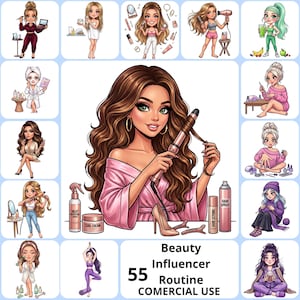 Puede incluir: Ilustración digital con imágenes sobre el tema de la belleza. La imagen central muestra a una mujer con cabello castaño largo usando un rizador. Las imágenes circundantes representan varias rutinas de belleza, incluyendo maquillaje, cuidado de la piel y peinado. También está presente el texto "Beauty Influencer Routine".