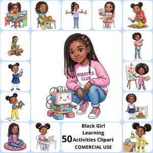 May include: A digital illustration featuring a young Black girl with braided hair, wearing a pink and white "Robotics Club" shirt and jeans, crouched next to a colorful robot. The image is part of a clipart set titled "Black Girl Learning Activities Clipart".