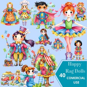 Puede incluir: Una colección de ilustraciones de muñecas de trapo en acuarela sobre un fondo azul claro. Las muñecas visten varios atuendos, incluyendo un superhéroe, una bailarina y un chef. La imagen incluye el texto "Happy Rag Dolls" y "40 Commercial Use".