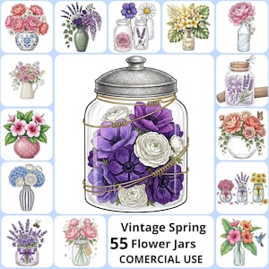 Puede incluir: Ilustración digital con un gran tarro de cristal lleno de flores moradas y blancas, rodeado de imágenes más pequeñas de flores en jarrones y tarros. El texto "Vintage Spring 55 Flower Jars COMMERCIAL USE" está en la parte inferior.