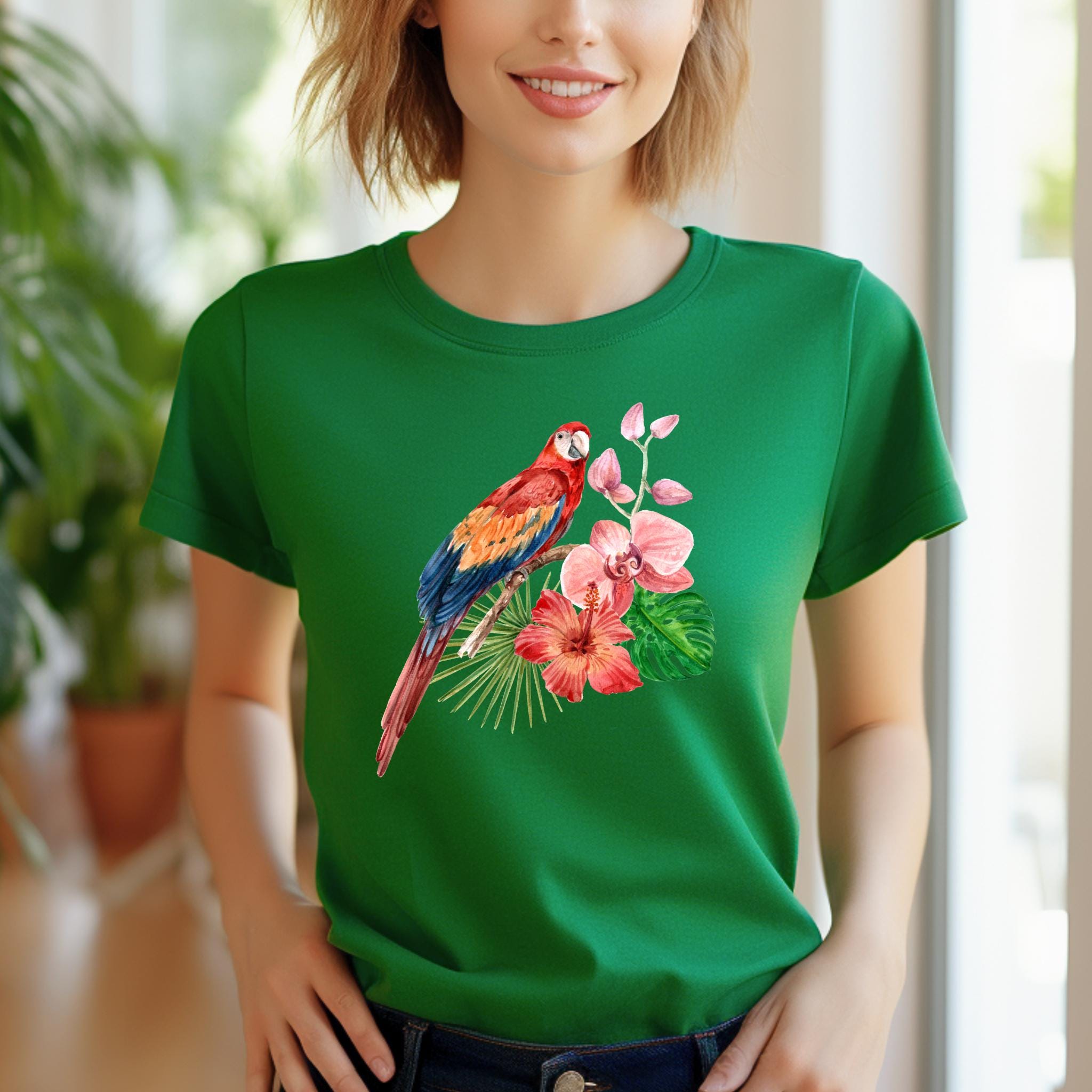 トロピカルバードTシャツ、トロピカルフラワーTシャツ、誕生日 