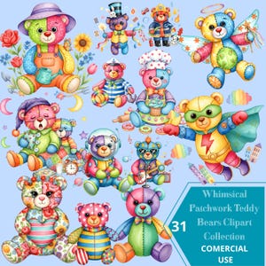 Puede incluir: Una colección de 31 ilustraciones de osos de peluche patchwork caprichosos. Los osos visten varios atuendos, como bombero, chef y superhéroe. Los osos son coloridos y tienen una variedad de patrones. El texto de la imagen dice "Whimsical Patchwork Teddy Bears Clipart Collection Commercial Use."