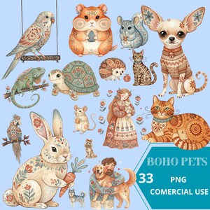Boho Folk Magic Animals Clipart Bundle, cats dogs fox owl turtle images, 33 PNG illustrations for sticker sublimation scrapbooking print