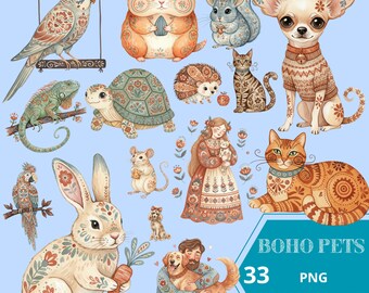 Boho Folk Magic Animals Clipart Bundle, cats dogs fox owl turtle images, 33 PNG illustrations for sticker sublimation scrapbooking print