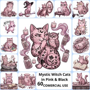 Puede incluir: Una colección de ilustraciones en rosa y negro con gatos brujos místicos. Los gatos se representan en varias escenas con elementos temáticos de brujas como una escoba, botellas de hechizos y un búho. El texto dice "Mystic Witch Cats in Pink & Black" y "60 COMMERCIAL USE."