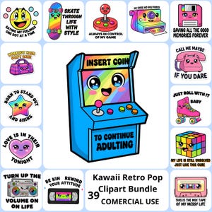 Puede incluir: Un conjunto de pegatinas de imágenes prediseñadas Kawaii Retro Pop con varios diseños. Incluyen una máquina recreativa sonriente, un patín, una cinta de cassette y un cubo de Rubik. Las pegatinas tienen texto como "Insert Coin" y "To Continue Adulting".