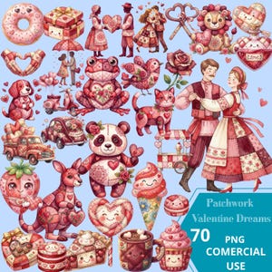 Patchwork Valentine Clipart PNG, Quilted Love Graphics Bundle, Cute Folk Art Valentine Animals, Adorable Romantic Cotagecore Couple Animals