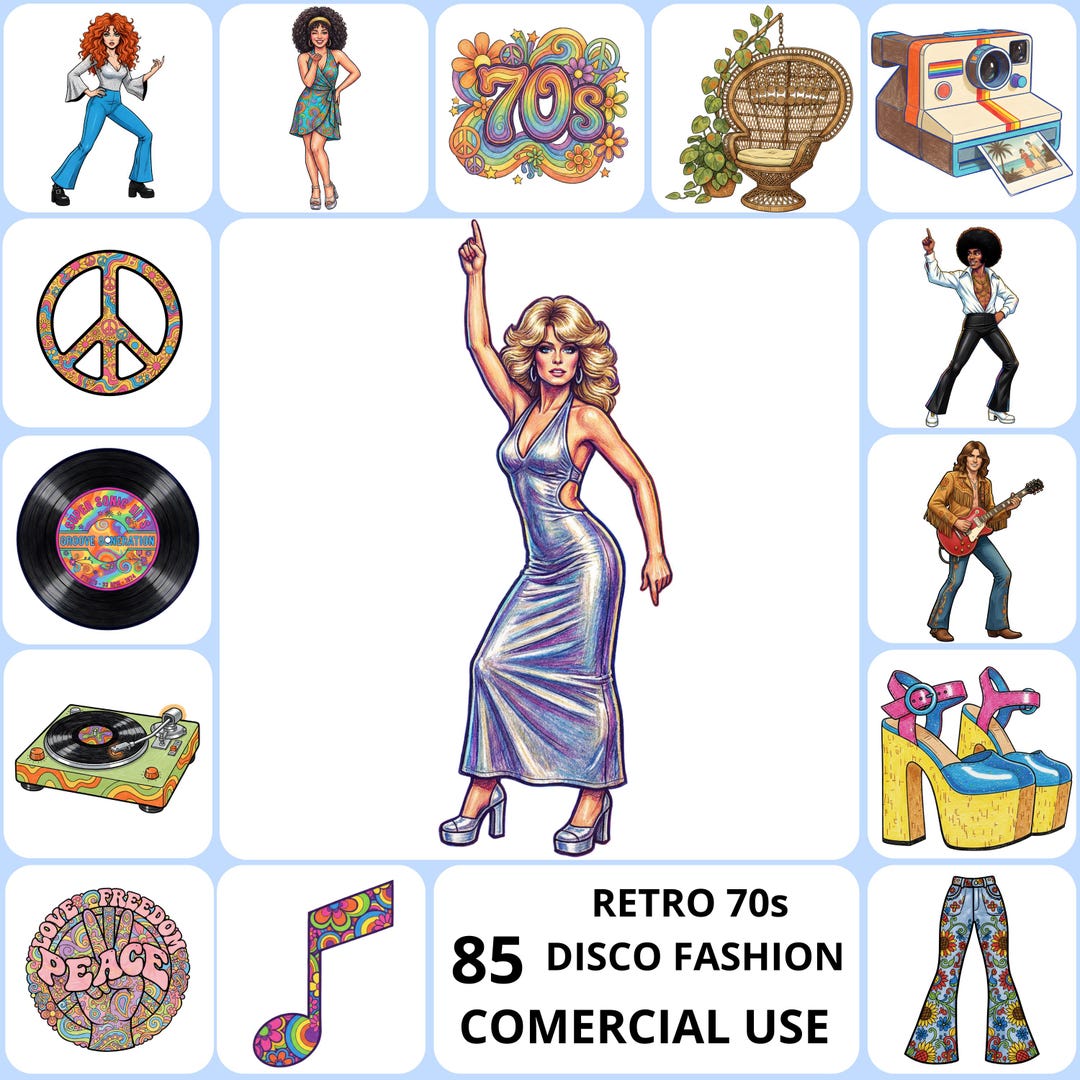 70s Disco Era Clipart PNG Bundle, Retro Groovy Graphics, Vintage 1970s ...