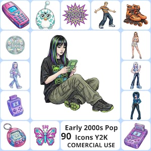 May include: An illustration of early 2000s pop culture icons, including a pink flip phone, Furby, roller skates, and a woman playing a handheld video game. The text reads "Early 2000s Pop 90 Icons Y2K COMMERCIAL USE."