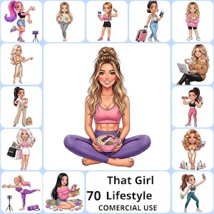 Puede incluir: Ilustración digital que presenta a una mujer central con cabello rubio largo, usando un sujetador deportivo rosa y leggings morados, sosteniendo un tazón de comida. A su alrededor hay otras ilustraciones de mujeres en diversas actividades de estilo de vida. El texto dice "That Girl 70 Lifestyle COMERCIAL USE."