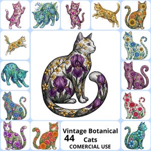 Puede incluir: Ilustraciones de gatos botánicos vintage. Los gatos están decorados con patrones florales en varios colores, incluyendo morado, amarillo y azul. La imagen incluye el texto "Vintage Botanical 44 Cats COMERCIAL USE."